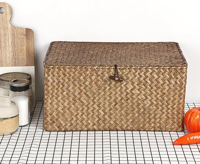Hipiwe Wicker Shelf Baskets Bin with Lid Woven Storage Box, Coffee X-Large | Handmade Seagrass Basket Storage Bins Rectangular Household Basket Boxes for Shelf Wardrobe Home Organizer - Image 2