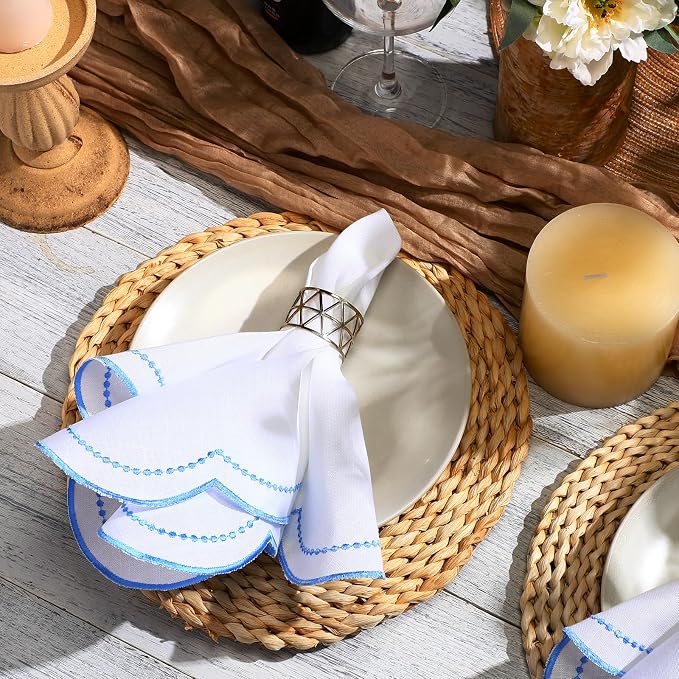 Hahafelt 6 Set Cloth Napkins 18x18inches Scalloped Embroidery Cloth Napkins Washable Polyester Table Dinner for Hotel Restaurant Weddings Events Parties (Blue) - Image 4