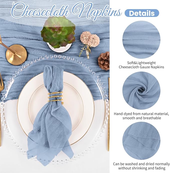 100 Pack Dusty Blue Cloth Napkins 20x20Inch Cheesecloth Napkins | Elegant Cloth Napkins for Table, Washable Rustic Boho Gauze Napkins, for Wedding Party Bridal Baby Shower Dinner Table Decor - Image 5