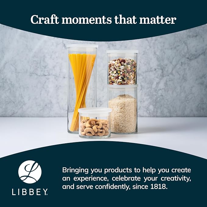 Libbey Stacking Cylinder Assorted Storage Jars, Stackable Glass Jars Set of 4, Airtight Plastic Lids, Dishwasher Safe Food Jars for Storing Dry Goods - Image 7