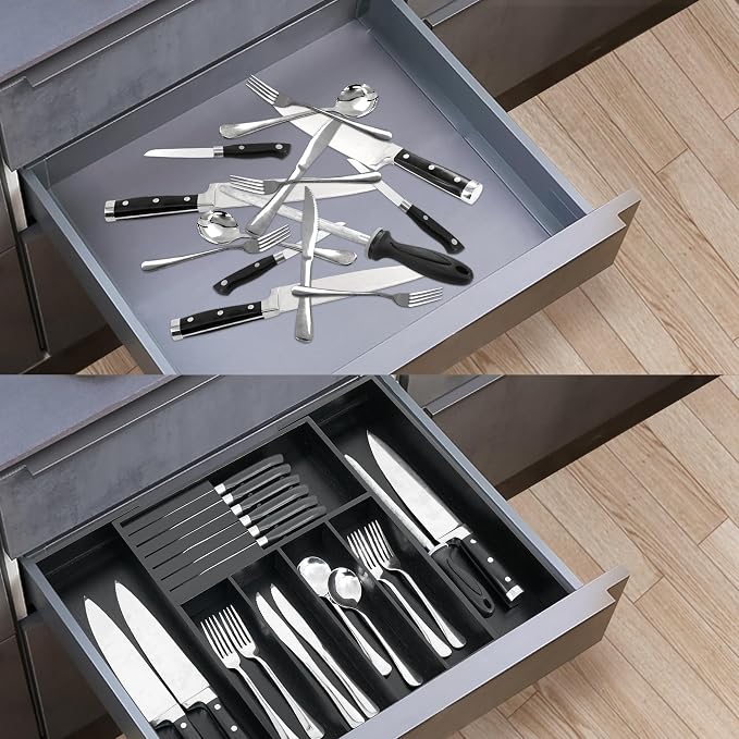 VaeFae Bamboo Silverware Drawer Organizer, 7 Slots, Black | Cutlery Tray with Removable Divider, Flatware Storage, 43 cm D x 32-55 cm W, 5-7 Slots, Black - Image 6