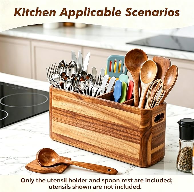 Kitchen Utensil Holder for Counter or Countertop, Extra Large Acacia Wood Organizer with 4 Compartments, Wooden Utensil Holder for Cooking and Silverware, Rustic Wood Container Sturdy Utensil Crock - Image 3