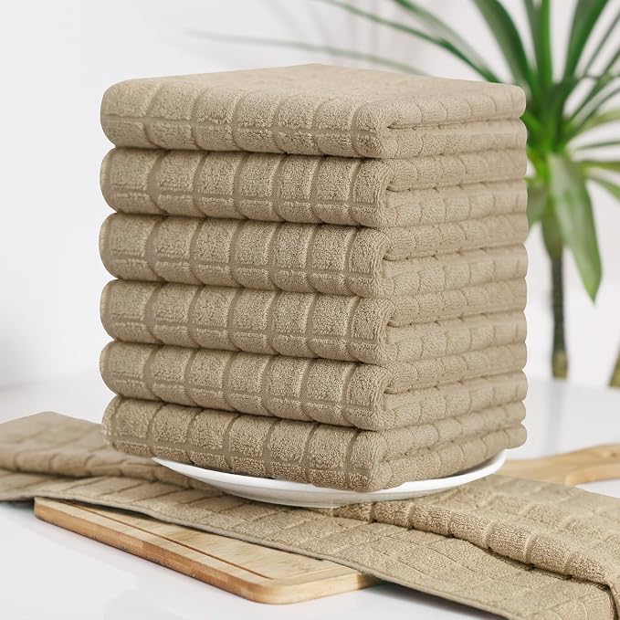Homaxy Premium Ring Spun Cotton 390 GSM Kitchen Towels, 6 Pack, Tan | 16" x 28" Large Dish Towels, Super Absorbent Terry Hand Towels, Soft Tea Towels with Hanging Loops - Image 7