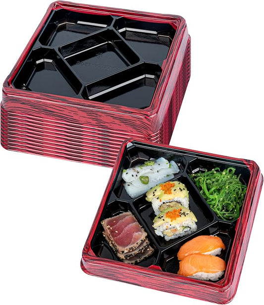 Restaurantware Bento Tek 18.6 Ounce Meal Prep Containers, 50 Disposable To Go Food Boxes - Lids Sold Separately, 5 Compartments, Red And Black Plastic Bento Lunch Boxes, Freezable, For Take Out by Restaurantware
