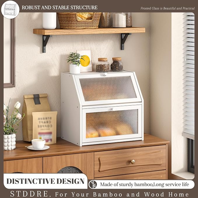STDDRE Bread Box for Kitchen Countertop Bin Double Layer Bread Box Storage Container Extra Large Capacity with Diamond Pattern Windows (White, Extra Large) - Image 2