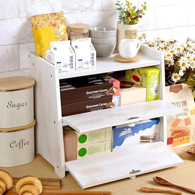 Bamboo Corner Bread Box for Kitchen Countertop 2-Tier White | Farmhouse Bread Storage Container, Large Pantry Organizers for Homemade Snacks, Loaves, Breathable Keeps Bread Fresh - Image 7