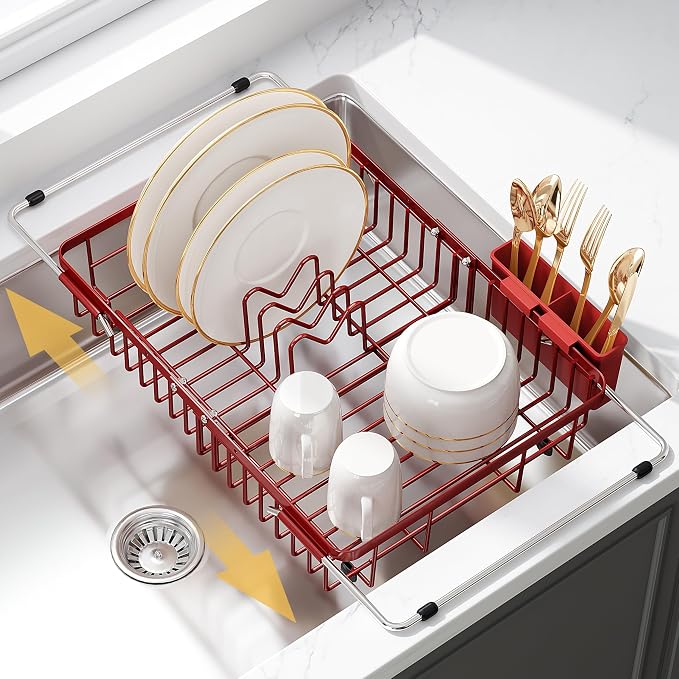 JASIWAY Red Dish Drying Rack Over the Sink with Utensil Holder | Expandable Stainless Steel Dish Driainers for Small Kitchen, Counter Space Saving, Fast Drain, Rust Resistant, For Apartment by JASIWAY