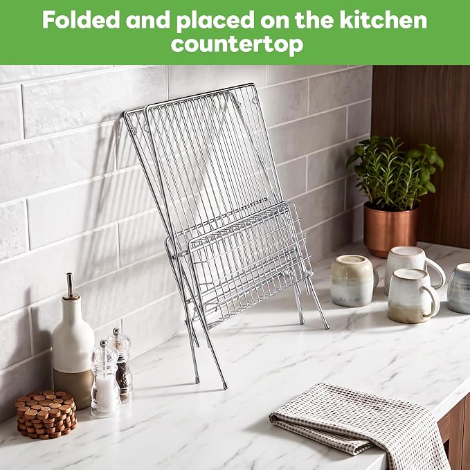 Stainless Steel Foldable Dish Drying Rack, 3 Tier Large Capacity Collapsible Folding Dish Drainer with Drainboard for Kitchen Counter (Upgraded) - Image 8