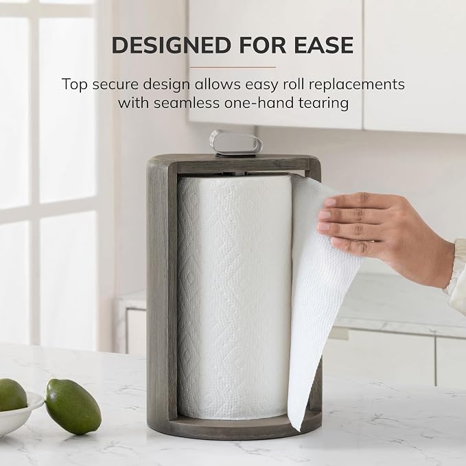 Anji Mountain Wooden Paper Towel Holder with Metal Holder, Holder Stand for Kitchen Roll Organizer & Kitchen Dining Table Home Décor, Countertop Fits Jumbo & Mega Rolls - Greige/Nickel, Top Load - Image 5
