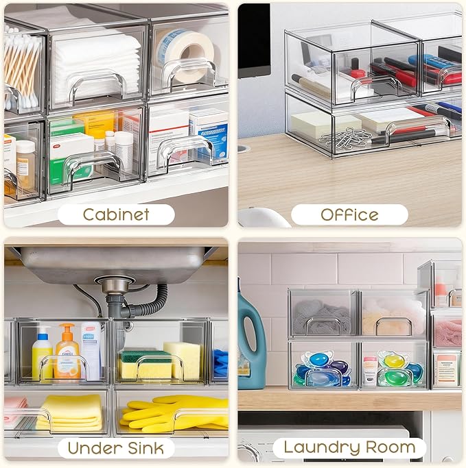 Stackable Storage Drawers, 6 Pack Clear Plastic Makeup & Bathroom Organizer, Versatile Storage Bins for Vanity, Under Sink, Kitchen Cabinets & Pantry - Image 7