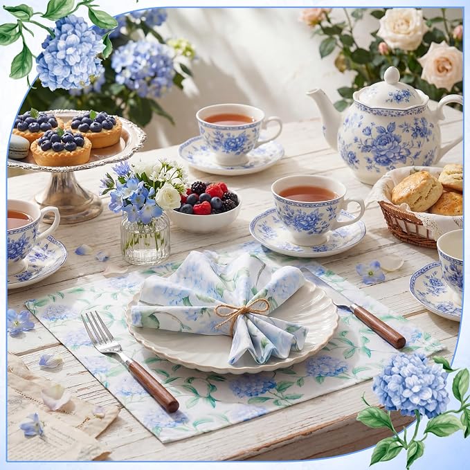24 Pcs Floral Cloth Napkins 6 Patterns Washable Dinner Tea Party Napkins Reusable Plant Flowers Square Napkin Cotton Towel Decorative for Summer Wildflower Party(Blue Hydrangea) - Image 3