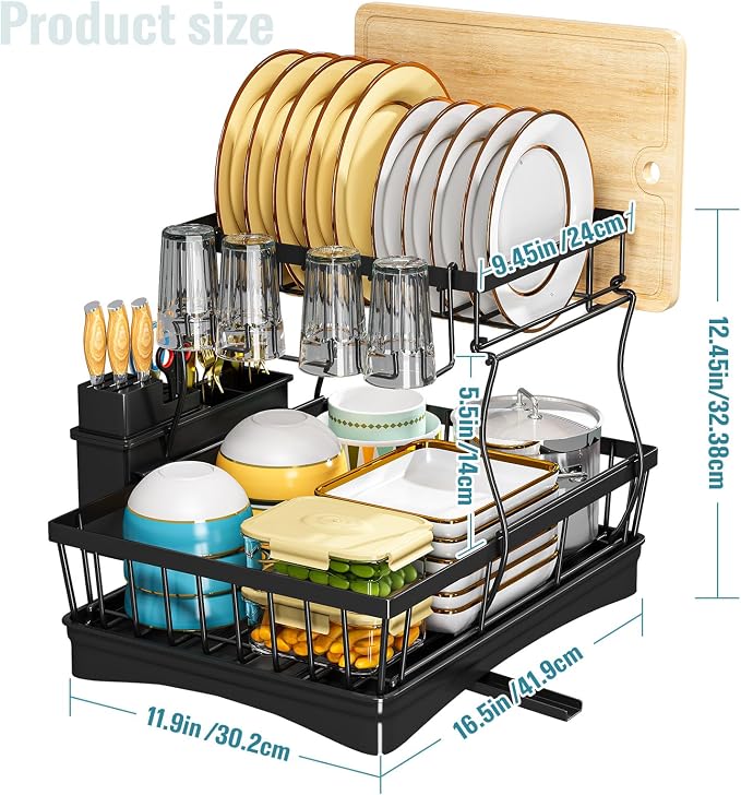 2 Tier Dish Drainer Rack for Kitchen Counter - Space-Saving Dish Rack with Utensil Holder, Large Capacity Dish Drying Rack with Draining Board, Black - Image 2