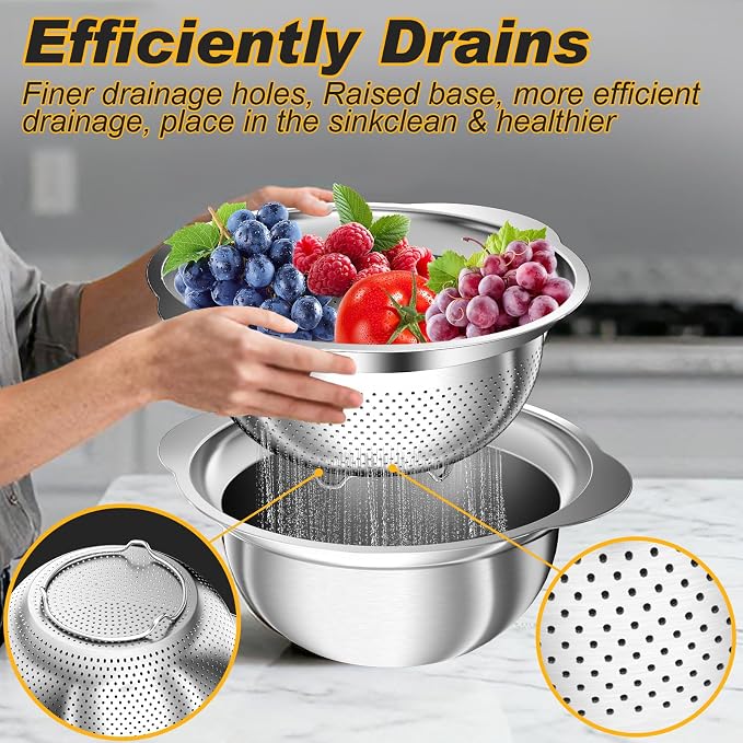 Colander, Stainless Steel Colander with Mixing Bowls (3.5QT), 3Pcs Strainer for Kitchen Gadget Food Strainer Basket with Handle, Colanders Bowl for Pasta Noodles Spaghetti Vegetables Fruit (3.5+3+2QT) - Image 3