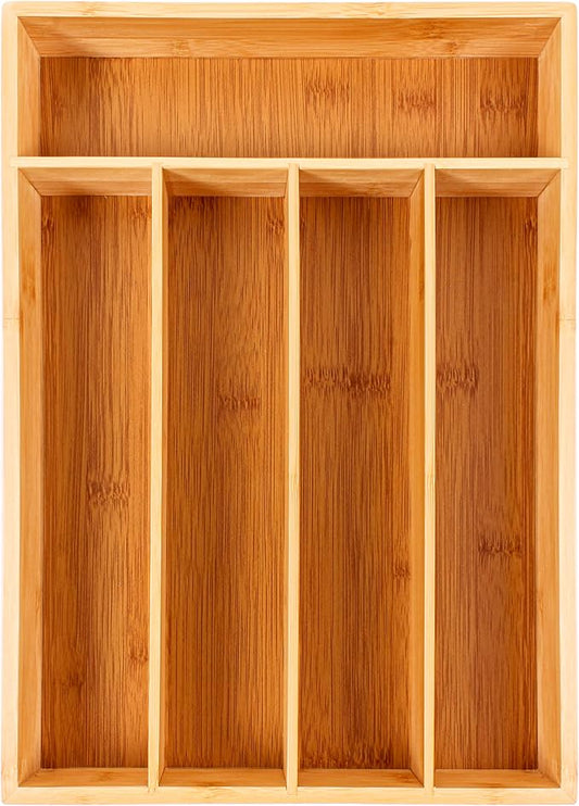 Berghoff Bamboo Flatware Organizer, 5 Slot Kitchen Drawer Organizer | Skinny Silverware Tray & Cutlery Holder, 13.75" x 9.75", Natural Wood Drawer Dividers For Spoons, Forks, Knives & Utensils by BergHOFF
