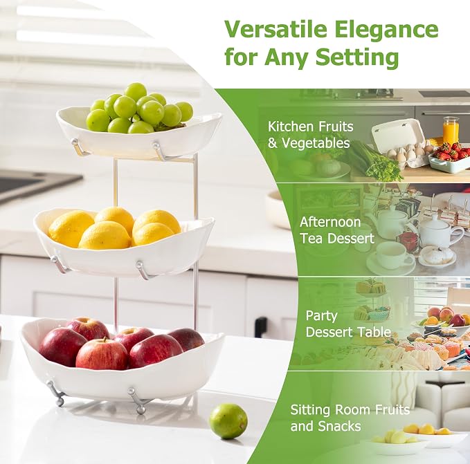 HBlife Fruit Bowl for Kitchen Counter - 3 Tier Ceramic Fruit Bowl Holder with Metal Stand, Tiered Fruit Basket for Fruit and Vegetable Storage, Serving Trays for Party - Image 4