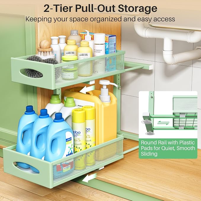 Under Sink Organizer, 2 Tier Pull out Cabinet Organizer Baskets with Mesh Sliding Drawers, Slide out Storage Shelf for Home, Kitchen, Bathroom, Pantry, Office Cabinet(1 Pack, Green) - Image 3