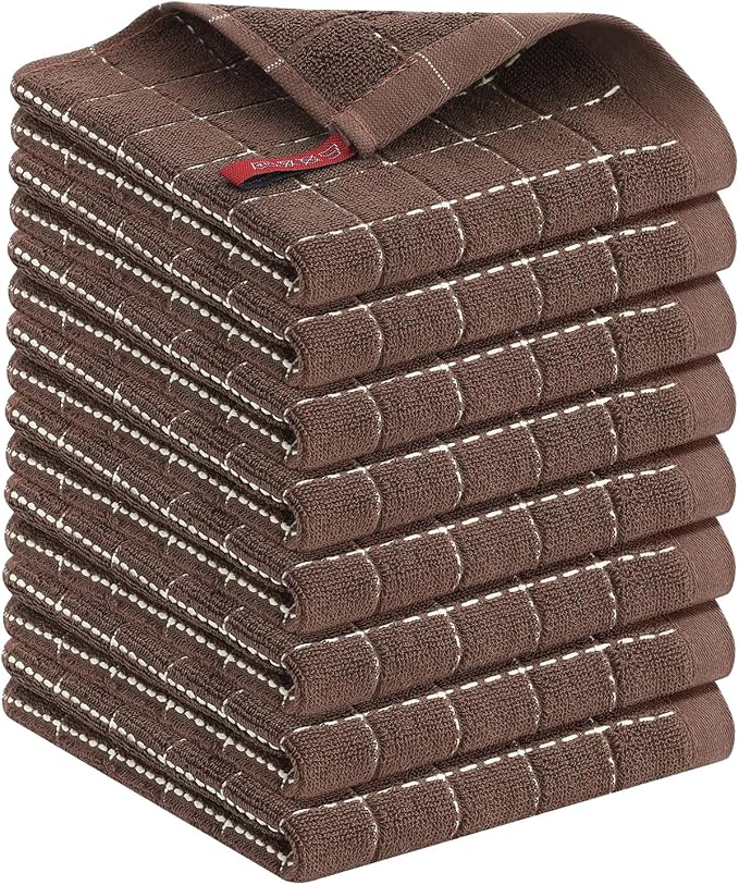 Kitinjoy 100% Cotton Terry Kitchen Dish Cloths, 12”x 12”, 8-Pack, Brown | Ultra Soft and Absorbent Dish Towels for Kitchen, Suitable for Drying and Washing Dishes by Kitinjoy