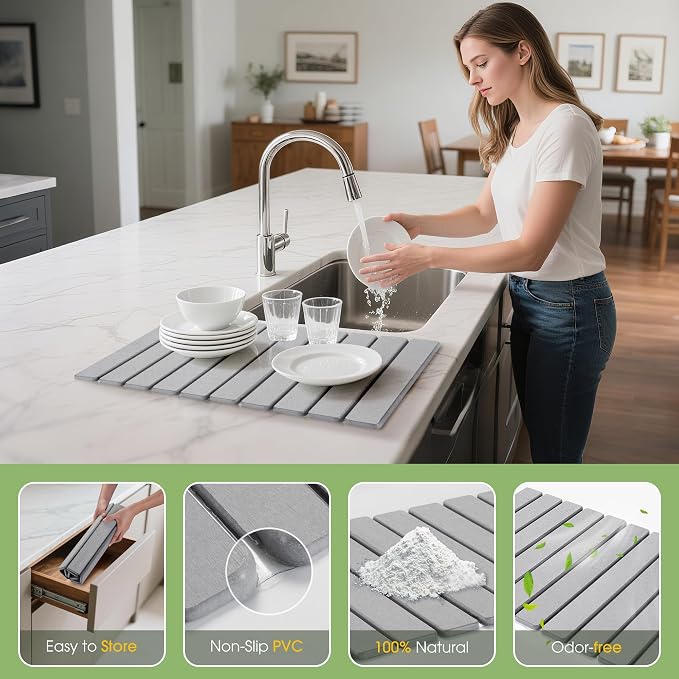 Large Stone Dish Drying Mat for Kitchen Counter – 24"×16" Collapsible Diatomaceous Earth Mat, Ultra Absorbent & Quick Dry, Foldable Drying Pad for Dishes, Bottles, Cups (Light Grey) - Image 4