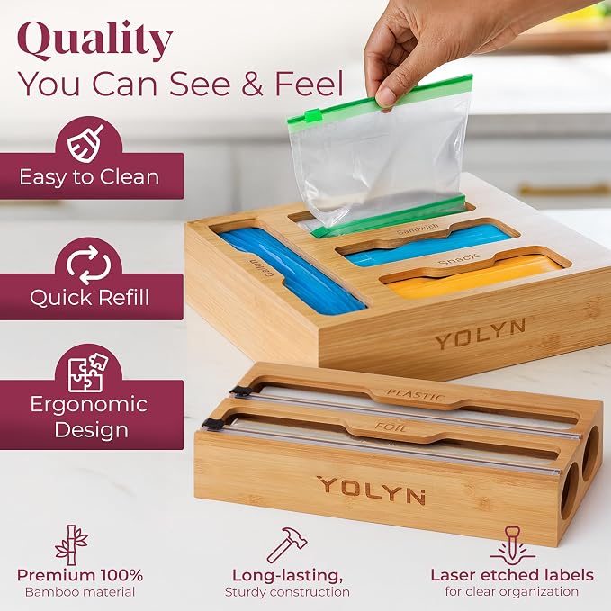 Bamboo Food Storage Bag Organizer for Drawer with Foil & Plastic Wrap Dispenser – Premium Detachable Kitchen Organizer for Gallon, Quart & Sandwich Bags - Image 5