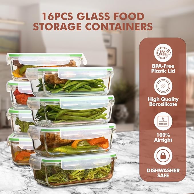 Razab 16 Pc (Set of 8) 30 Oz Glass Meal Prep Containers with Lids, Airtight Large Glass Food Storage Containers, Reusable Leak Proof BPA Free, Freezer to Oven and Dishwasher Safe - Image 6