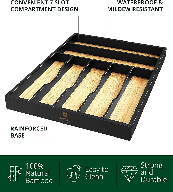 ROYAL CRAFT WOOD Luxury Bamboo Kitchen Drawer Organizer - Silverware Organizer - Utensil Holder and Cutlery Tray with Grooved Drawer Dividers for Flatware and Kitchen Utensils (7 Slot) - Image 2