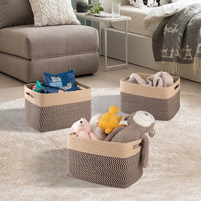 4 Pack Storage Baskets for Organizing, Woven Baskets for Shelves - Perfect for Toys, Books, Towels, and Clothes, Durable Gift Basket Bins Toy Storage, 12.7''L x9''W x7.8''H, Black and Brown - Image 4