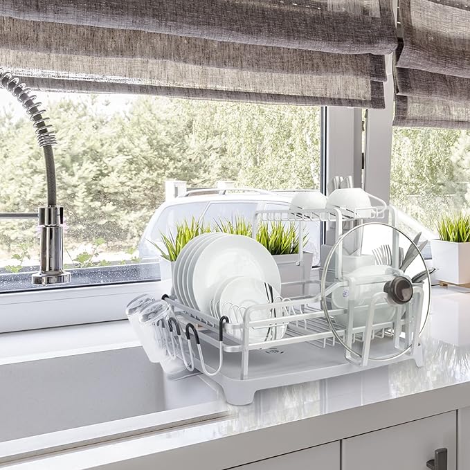 GMT-10353-B Aluminum Dish Drying Rack with Utensil Holder - 2 Tier Kitchen Countertop Rust Proof Dish Rack Lid Hanger and Drainboard Set - Large Dish Organizer Rack - Image 4