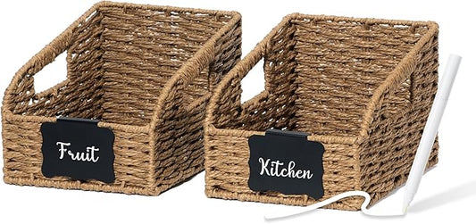 Wicker Baskets for Organizing, Pantry Baskets with Built-in Handles, Handwoven Wicker Storage Basket, Paper Storage Bins for Shelves, Small - 2pcs, Brown by Unknown