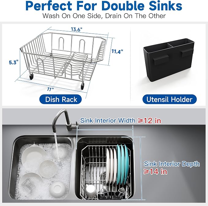 JASIWAY in Sink Dish Drying Rack, Stainless Steel Small Dish Drainer | Perfect Fit 12"x14" Double Bowl Sink, Counter Space Saving for Kitchen, Apartment, Sturdy Dish Dryer with Utensil Holder - Image 2