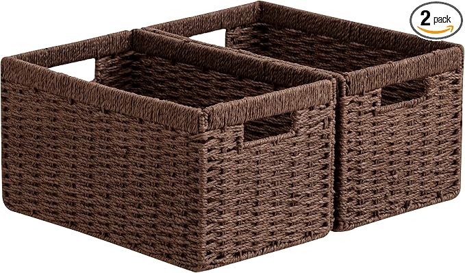 joybest Wicker Storage Baskets, 2pack Hand-Woven Paper Rope Wicker Baskets for Organizing, Foldable Rectangular Storage Organizer Bins for Shelves with Built-in Handles 13.4L x 8.3W x 7.1H, Dark Brown by joybest