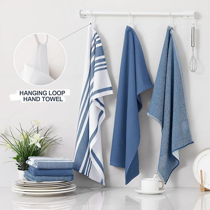 Homaxy Cotton 380 GSM Premium Kitchen Towels, 18"x 28", 6 Pack, Navy Blue | Soft and Absorbent Terry Dish Towels, Multipurpose Tea Towel Set with Hanging Loop, 3 Styles Kitchen Hand Towels - Image 3