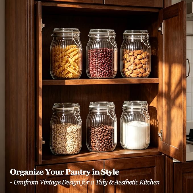 ComSaf Ribbed Glass Pantry Jars with Airtight Lids 34 oz 3 Pack Coffee | Flour sugar coffee beans, Fermenting pickling, Farmhouse pantry decor, Kitchen storage, Dry food storage, Sourdough starter - Image 2