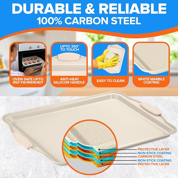 Emporio Kitchen Baking Pan Set - Nonstick Coating, Carbon Steel Bakeware Set with White Silicone Handle, PFOA, PFOS, PTFE Free, Recipe Booklet Included, Oven Safe Tray (Up To 450° F) Set of 25 - White - Image 3