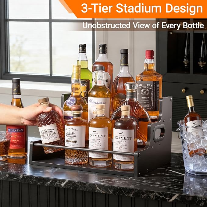 YQBRAO 3-Tier Liquor Bottle Display Shelf, 16-Inch, Black | Holds up to 12 bottles with clear stepped visibility for whiskey, bar carts, compact counters, and home bars. - Image 2