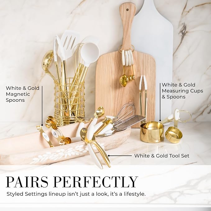 Styled Settings White and Gold Kitchen Utensils, 7-Piece | Nonstick Silicone Cooking Utensils Set with Gold Utensil Holder, White and Gold Kitchen Accessories for Modern Kitchens - Image 5