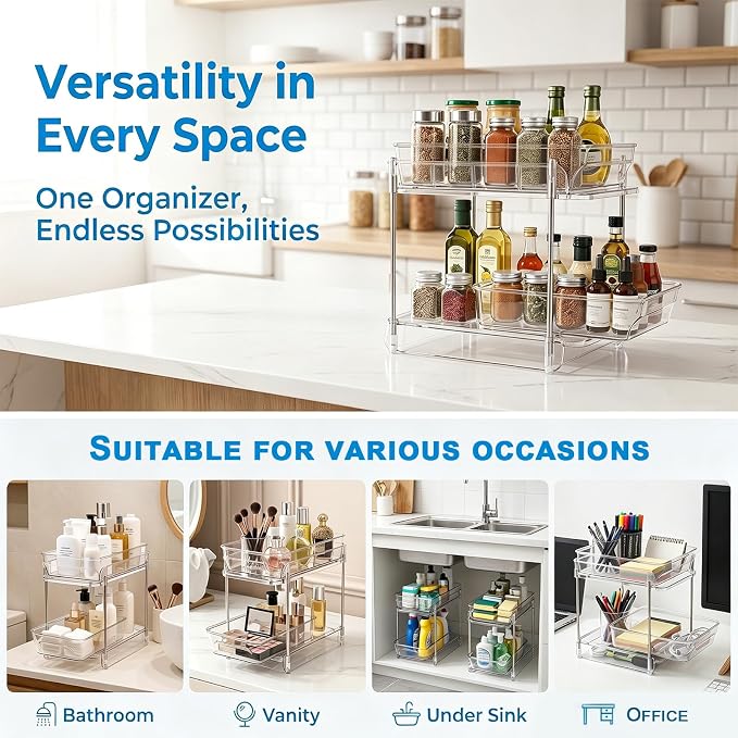 2-Tier bathroom cabinet organizer, bathroom organizers and storage with Adjustable Removable Dividers,Under Sink Organizing,Under Sink and Pull-Out Cabinet Organizer for Kitchen and Pantry Storage - Image 4
