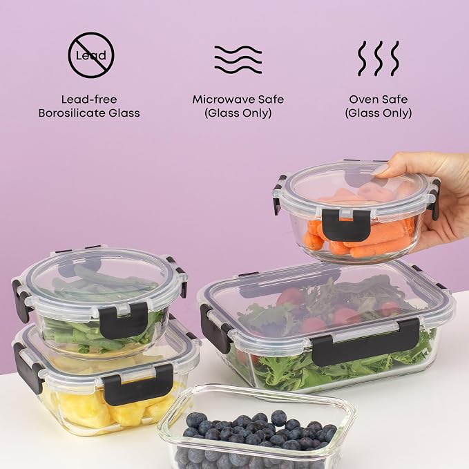 JoyJolt 24pc Borosilicate Glass Storage Containers with Lids | 12 Airtight/Freezer Safe Food Storage Containers for Pantry and Kitchen | Meal Prep Container for Lunch | Glass Tupperware Set - Image 5