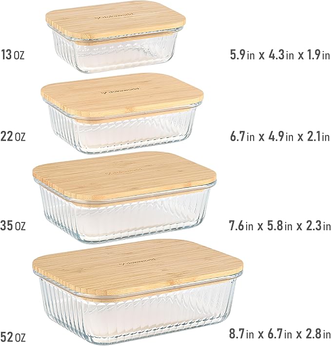 Ribbed Glass Tupperware Set with Bamboo Lids - 4 Stackable Meal Prep Containers. Durable heat resistant Inert Borosilicate Glass - Image 2