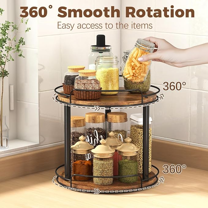 LAMU 10'' Wood Lazy Susan Turntable Organizer for Cabinet, 2 Tier Lazy Susan Spice Rack Organizer for Kitchen, Table Top, Countertop, Pantry, Medicine Organizer - Image 3