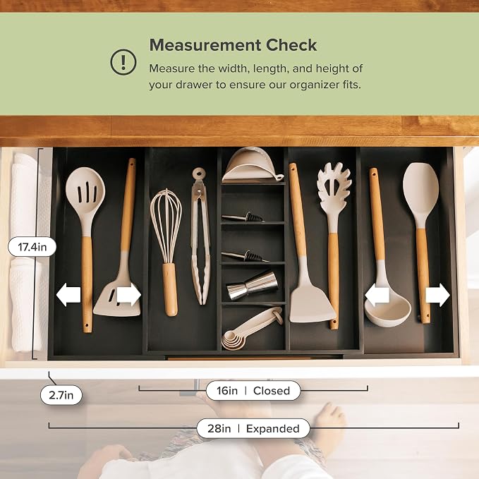 Utensil & Junk Drawer Organizer, 16-28 in, Black Bamboo | Food-safe contract grade, 100% sustainable wood, non-slip, adjustable - Image 4