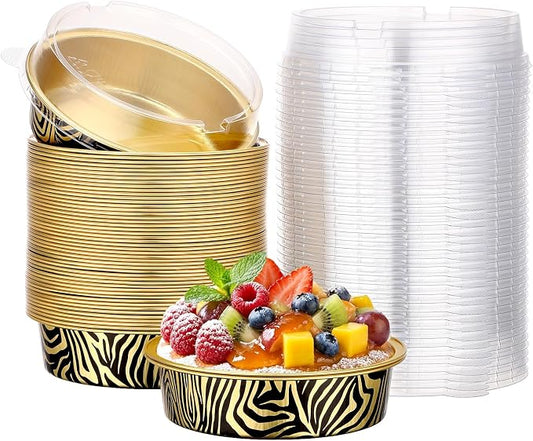 Beasea 4 Inch Pie Tins with Lids, 50 Pack 7.3 Oz Disposable Mini Tart Tins, Aluminum Foil Baking Tins Small Round Muffin Container Mini Cheesecake Cups for Pie Tart Quiche - Tiger Stripes by Beasea