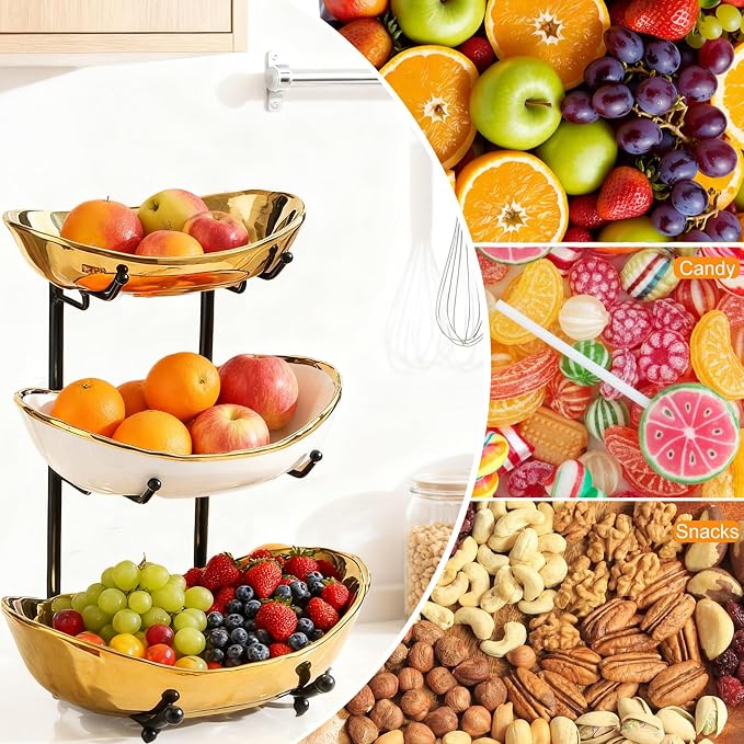 3 Tier Fruit Bowl for Kitchen Counter,Ceramic Bowl with Metal Stand,3 Tier Fruit Basket for Vegetable Bread Candy Snack Nuts Dessert Cake Tray (Gold Bowl Black Rack) - Image 3