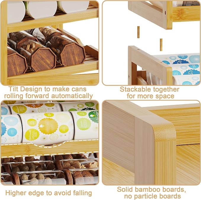 BAMBANG Can Organizer for Pantry, 4 Tier Stackable Bamboo Canned Food Storage Rack, Rolling Soda Can Dispenser Holds Up to 48 Cans, Detachable Can Organizer for Cabinet, Natural - Image 3