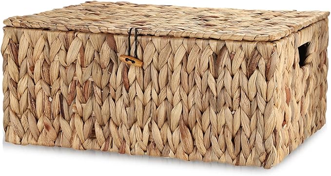 Hipiwe Handwoven Wicker Basket Natural Water Hyacinth Storage Bin with Lid | Decorative Shelf Basket with Handles for Closet Living Room Bathroom, 17.0" L x 13.2" W x 7.0" H - Image 9