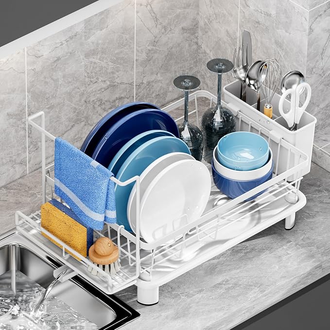 Dish Drying Rack, Stainless Steel-Dish Rack, (white 2 with Sponge Rack) | Dish Racks for Kitchen Counter, Kitchen Dish Drainers with Removable Utensil Holder,New drain outlet, by GAOKASE