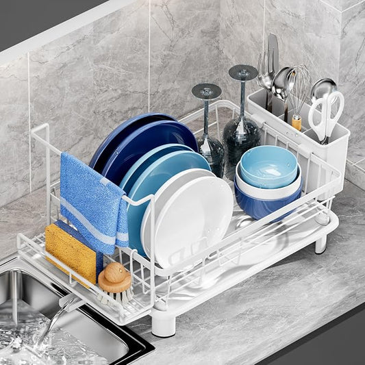 Dish Drying Rack, Stainless Steel-Dish Rack, (white 2 with Sponge Rack) | Dish Racks for Kitchen Counter, Kitchen Dish Drainers with Removable Utensil Holder,New drain outlet, by GAOKASE