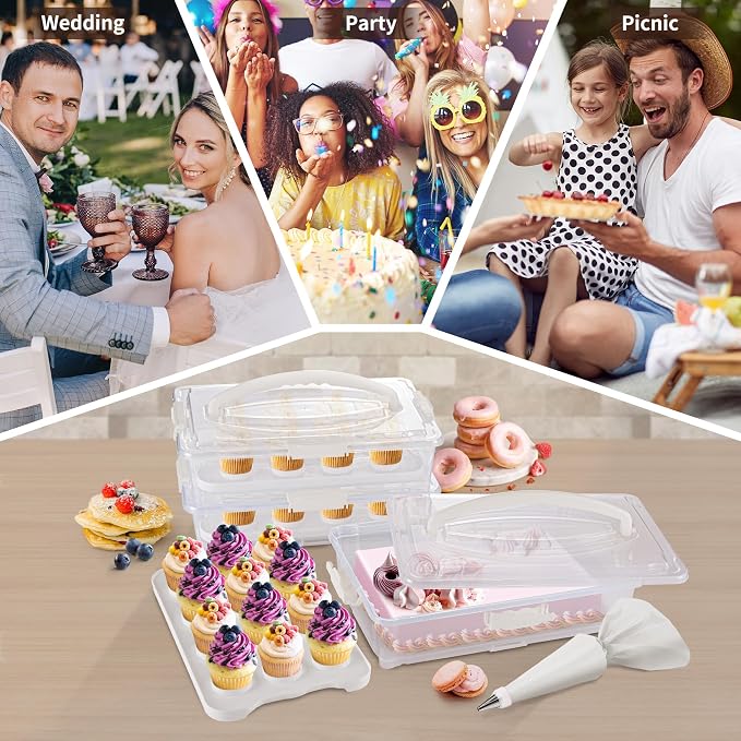 ARC 3-tiers White Cupcake Carrier, Holds up to 36 Cupcakes or 3 Large Cakes | Cupcake Holder and Cake Transport Container- BPA-Free, Great for Parties & Festivals - Image 6