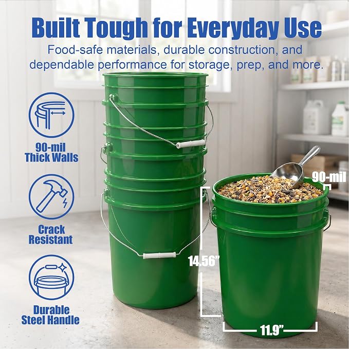 5 Gallon Bucket - Food Grade w/Lid BPA-Free, 3 Pack - Green | Airtight Gasketed Tear Strip Lid, Heavy-Duty 90 Mil HDPE Plastic Pail, Bulk Storage, Food Safe Durable Container, Made in USA - Image 4