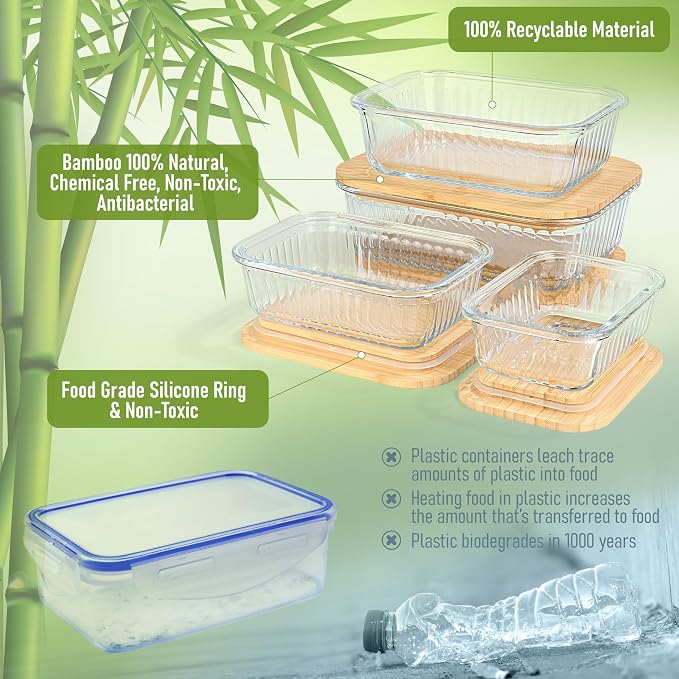 Ribbed Glass Tupperware Set with Bamboo Lids - 4 Stackable Meal Prep Containers. Durable heat resistant Inert Borosilicate Glass - Image 6