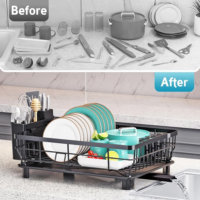 Dish Drying Rack - Space Saving Dish Rack - Dish Racks for Kitchen Counter with Drainboard,Rustproof Dish Drainer with Removable Utensil Holder,Black - Image 7